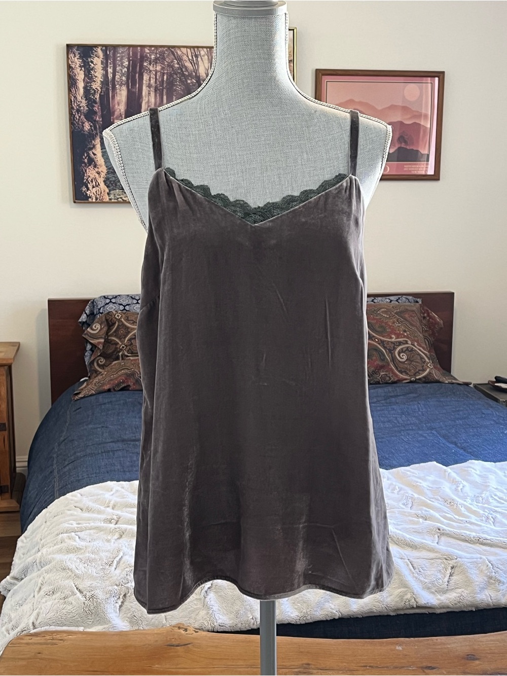 Sundance Velvet Longline Camisole Adjustable Straps Rayon Silk Luxury Gray/Taupe